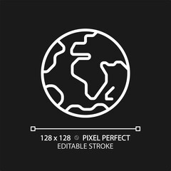 Earth planet pixel perfect white linear icon for dark theme. Environmental science. Natural resources. Climate change. Thin line illustration. Isolated symbol for night mode. Editable stroke