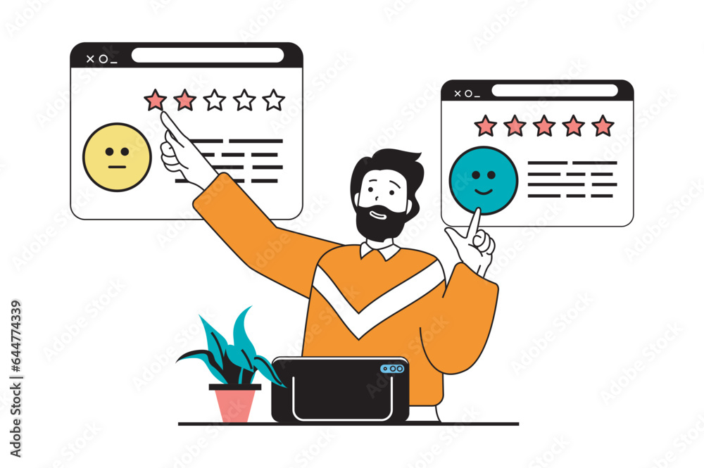 Poster online survey concept with people scene in flat web design. man giving different feedback with stars