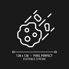 Asteroid pixel perfect white linear icon for dark theme. Space rock. Potentially hazardous object. Celestial body. Thin line illustration. Isolated symbol for night mode. Editable stroke