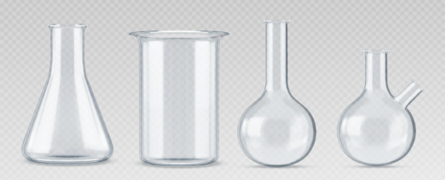 3d Chemistry Laboratory Glass Science Test Flask. Realistic Lab Beaker Equipment. Chemical Glassware Tube Isolated Vector Set. Empty Cylinder Measuring Container For Scientific Medical Experiment