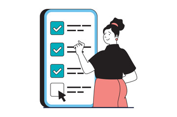 Online survey concept with people scene in flat web design. Woman filling checklist and answering questionnaire at mobile app screen. Vector illustration for social media banner, marketing material.