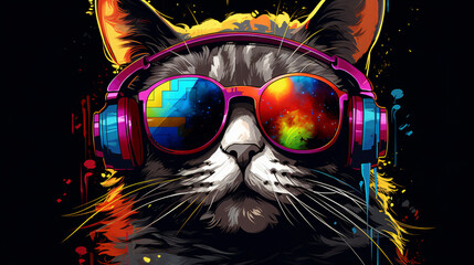 Cool cat in headphones and sunglasses