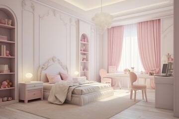 Children's room for girls in classic style in light pink colors and white furniture.