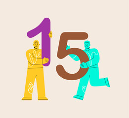 Two men hold numbers one and five. Colorful vector illustration