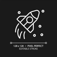 Space travel pixel perfect white linear icon for dark theme. Cosmic journey. Rocket flying. Aerospace technology. Thin line illustration. Isolated symbol for night mode. Editable stroke