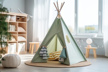 Cozy play tent for kids in child room.