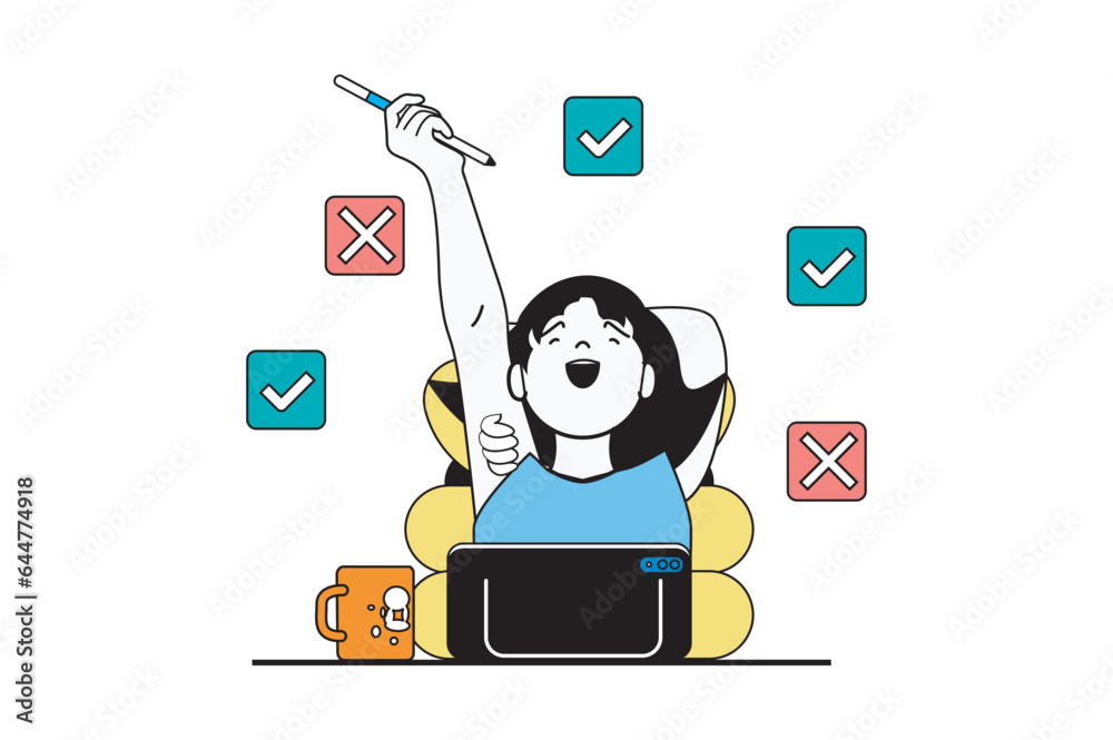 Poster online survey concept with people scene in flat web design. woman answering exam and choosing betwee