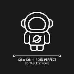 Astronaut pixel perfect white linear icon for dark theme. Space explorer. Rocket scientist. Zero gravity. Science fiction. Thin line illustration. Isolated symbol for night mode. Editable stroke