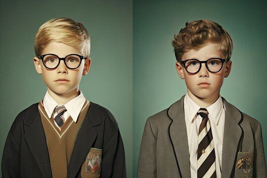 Comparison portrait of schoolboy in eyeglasses, back to school concept , ai generative - Powered by Adobe