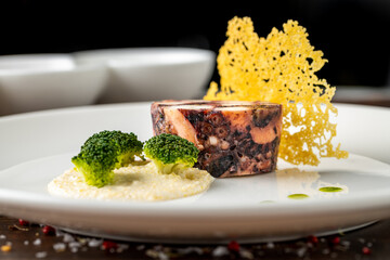 Octopus terrine or octopus carpaccio with sauces on a white porcelain plate