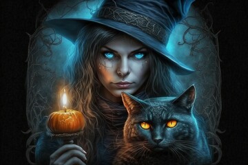 Witch with a black cat. Halloween illustration. Witch in a hat. Mysterious woman with a sinister black cat
