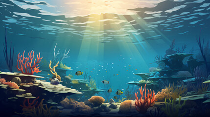 Fototapeta na wymiar Retro style marine landscape with underwater view