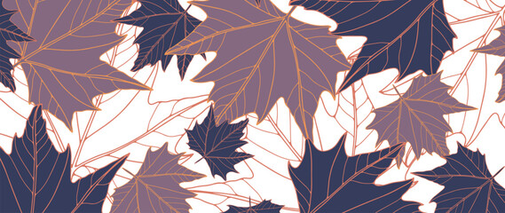 Fototapeta na wymiar Autumn botanical background with maple leaves in blue and purple colors. Abstract background for decor, wallpapers, covers, cards and presentations