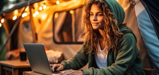 Obraz na płótnie Canvas On-the-Road Office: Young Woman Navigates Remote Work in Camper Van