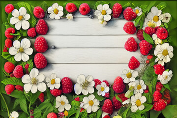 Background with copy space on white painted wooden table in spring theme, with strawberry flowers and raspberries.