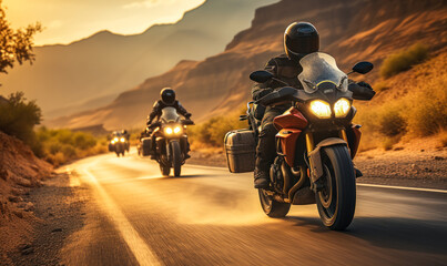 Twilight trailblazers: Group of riders chasing sunset on their motorcycles.