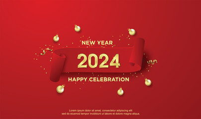 Happy new year 2024. happy new year 2024 with christmas decoration on red background