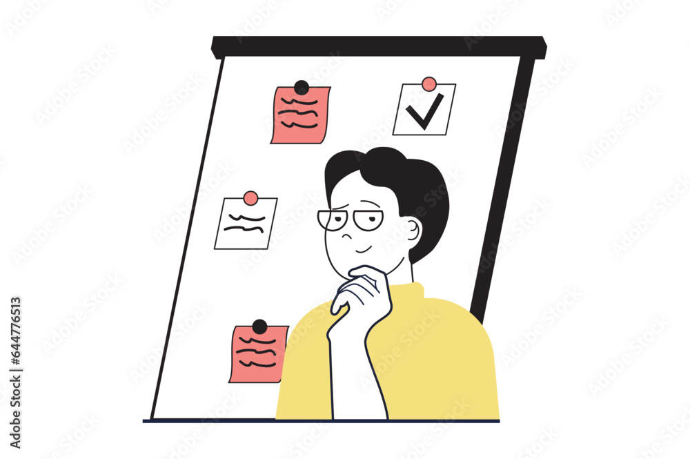 Poster productivity workplace concept with people scene in flat web design. man creates workflow and develo