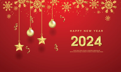 Obraz na płótnie Canvas Happy new year 2024. with gold christmas decoration on red background