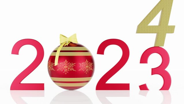 Filmato. Illustrazione 3D. Anno nuovo 2024. Capodanno 2024 in numeri. Il 2024, con decorazione di Natale, sostituisce il 2023 su sfondo bianco..