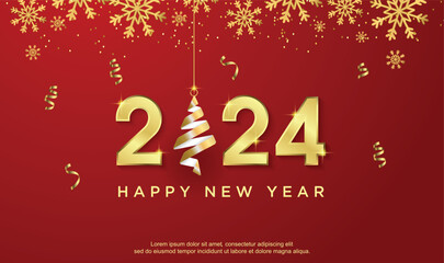 Fototapeta na wymiar Happy new year 2024. with gold decoration on red background. happy 2024 new year