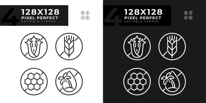 Pixel perfect dark and light icons set representing allergen free, editable thin linear illustration.