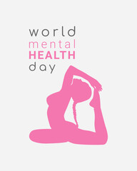 World Mental Health Day poster. Woman pink silhouette in yoga pose. Vector illustration