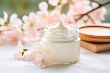 healthy luxury white cream in glass jar with cherry blossom bright