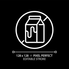 2D pixel perfect editable white lactose free icon, isolated vector, thin line illustration representing allergen free.