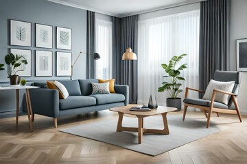 Naklejka na ściany i meble Scandinavian living room interior with grey sofa. Generative AI