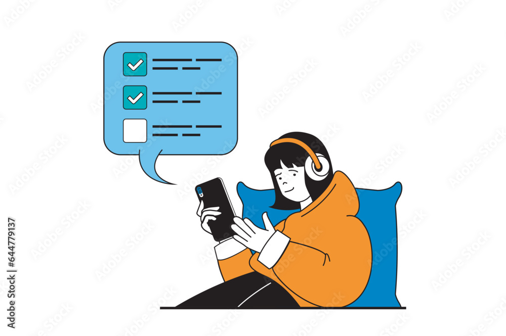 Fototapete Productivity workplace concept with people scene in flat web design. Woman making work tasks and putting checkbox in list at app. Vector illustration for social media banner, marketing material.