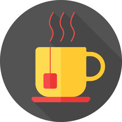 Tea bag in hot cup icon in red and yellow color.