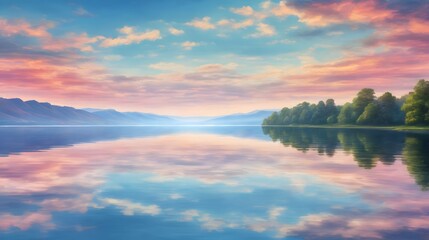 Obraz premium Picturesque Lake Sky Background Lake With Beautiful Sky Background Lake Landscape With Stunning Sky Waterfront View With Sky Lake Horizon Under Blue Sky AI Generative