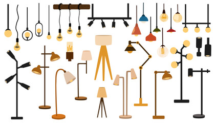 Interior lamps collection. Furniture for home and living room. Vector set of floor lamp table lamp ceiling lamp. Interior lights, home and office trendy electric chandelier.