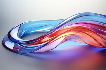 Foto op Aluminium A colorful, glossy glass ribbon with a holographic, curved wave design that appears to be in motion. Design element is suitable for banners, backgrounds, and wallpapers. AI generated © Наталя Ласько