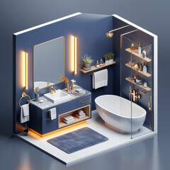 Detailed 3d render illustration of isometric block of Small bathroom stylish interior design