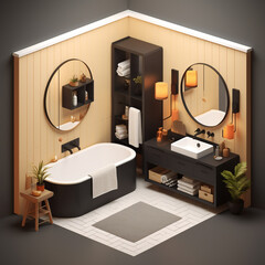 Detailed 3d render illustration of isometric block of Small bathroom stylish interior design