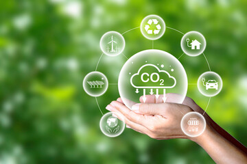 Carbon credit market concept. Green energy carbon neutral Net zero greenhouse gas emissions target...