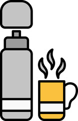 Hot tea or coffee cup with thermos bottle icon in flat style.