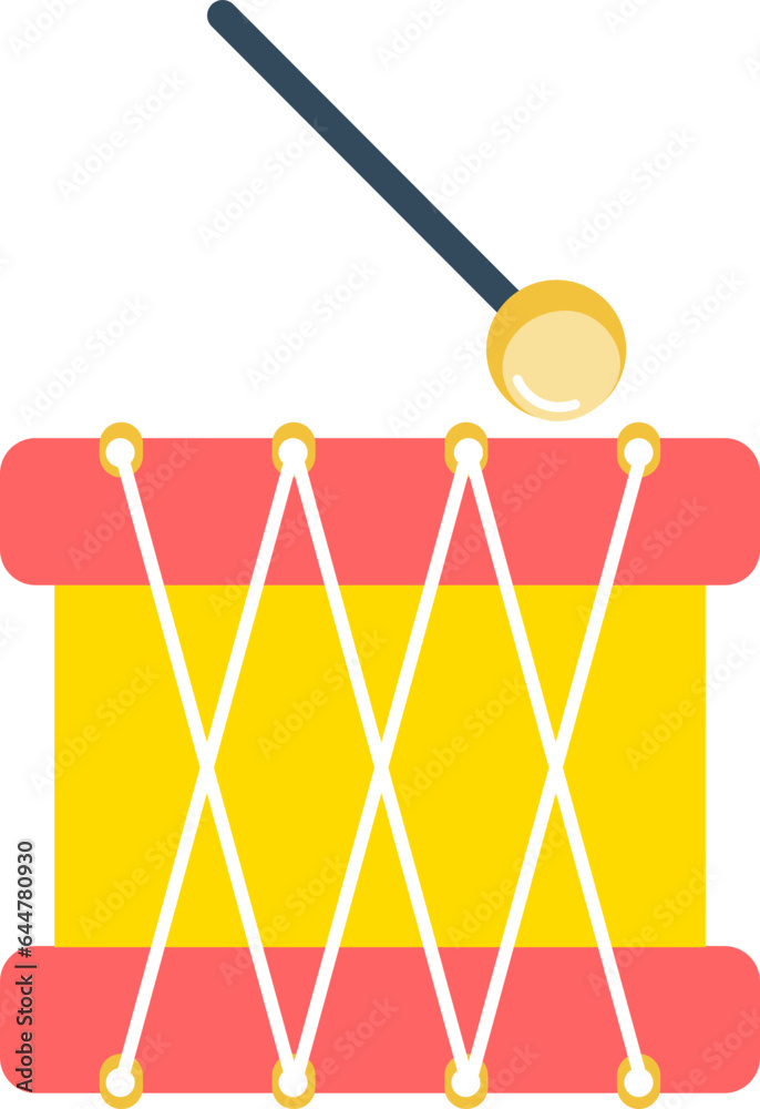 Sticker Drum with stick icon in red and yellow color.