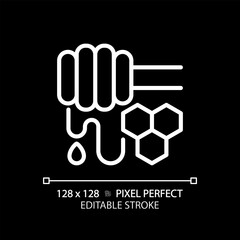 2D pixel perfect editable white honey icon, isolated vector, thin line illustration representing allergen free.