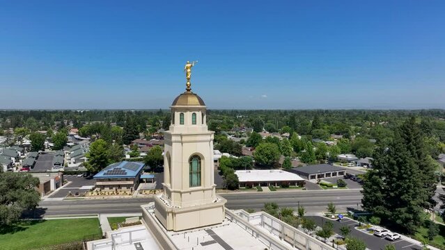 Aerial Feather River Yuba City California LDS temple above 3. Yuba City, California.  The Church of Jesus Christ of Latter-day Saints, Mormon church. Christian religion sacred building worship.