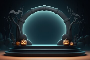 Black podium shelf or empty pedestal display with pumpkins, spiders, bats on dark Halloween background. Blank stand for showing product. Happy halloween banner mockup. 3D rendering. Generative AI