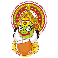 Cartoon Character of Kathakali Dancer Enjoy Coconut Drink.
