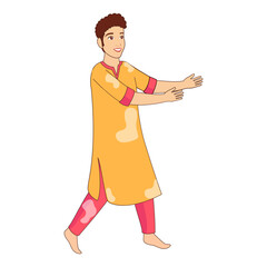 Young boy wearing kurta pajama with open his arms.