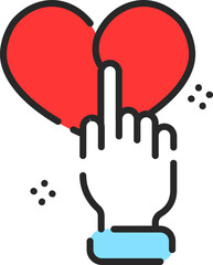 Hand touch on heart icon in flat style.