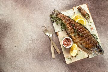 grilled trout fish, Restaurant menu, dieting, cookbook recipe top view