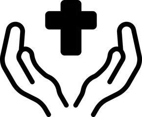 Praying Hands With Cross Icon In Black & White Color.