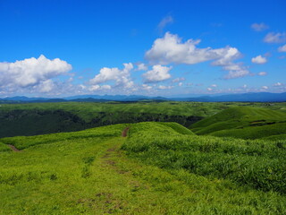 The Five Peaks of Aso, as seen from Daikanbo, are said to resemble a Buddha lying down