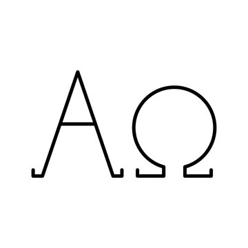 Alpha and omega symbol in thin line art.